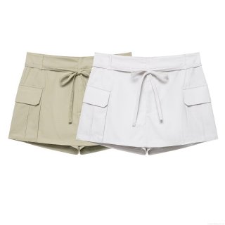 Women's Cargo Skort Polyester High Waist Drawstring Mini Skirt With Large Pockets Casual Streetwear Short Skirt With Safety Shorts Solid Color