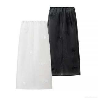 Women's 3D Floral Decoration Mesh Midi Skirt High Waist Elastic Tulle Skirt Elegant Streetwear Patchwork Sheer Overlay Bottoms Solid Color Polyester Skirt