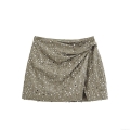 Women's Sequin Mini Skirt High Waist Ruffle Split Bodycon Wrap Skirt With Knot Detail Olive Green Sparkly Polyester Party Clubwear Skirt
