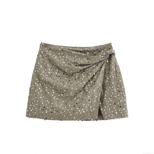 Women's Sequin Mini Skirt High Waist Ruffle Split Bodycon Wrap Skirt With Knot Detail Olive Green Sparkly Polyester Party Clubwear Skirt