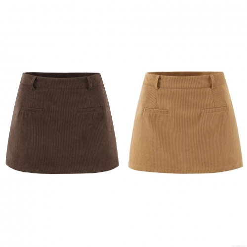 Women's Retro Corduroy A-Line Mini Skirt High Waist 100% Polyester Short Skirt with Pockets Streetwear Fashion Bottoms Brown Camel