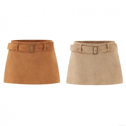 Women's Retro Suede Mini Skirt With Belt High Waist A-Line Bodycon Short Skirt Solid Color Polyester Spandex Streetwear Bottoms For Fall Autumn