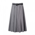 Women's High Waist Pleated Midi Skirt With Belt Elegant Solid Color A-Line Skirt Polyester Streetwear Autumn Fashion Office Lady Casual Dress