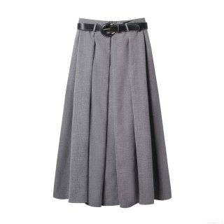 Women's High Waist Pleated Midi Skirt With Belt Elegant Solid Color A-Line Skirt Polyester Streetwear Autumn Fashion Office Lady Casual Dress
