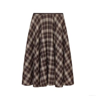 Retro Brown Tartan Plaid A-Line Midi Skirt For Women High Waist Patchwork Streetwear Autumn Casual Polyester Skirt With Leather Trim