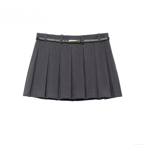 Women's Dark Grey Pleated Mini Skirt With Belt High Waist Polyester Preppy Streetwear Style Short Skirt For Girls Ladies