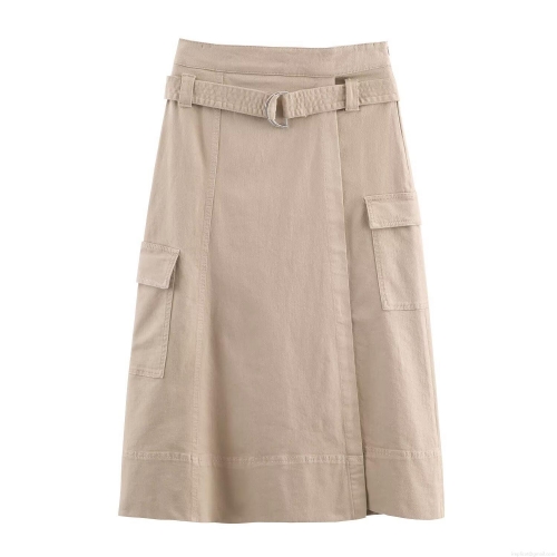 Women's Autumn Cargo Midi Skirt With Belt High Waist Solid Color Multi-Pockets Polyester Casual Streetwear A-Line Skirt