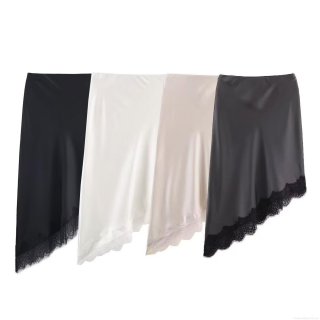 Women's Satin Midi Skirt With Lace Splicing Elegant Asymmetric Hem Silk-Like A-Line Skirt For Party Street Daily Wear