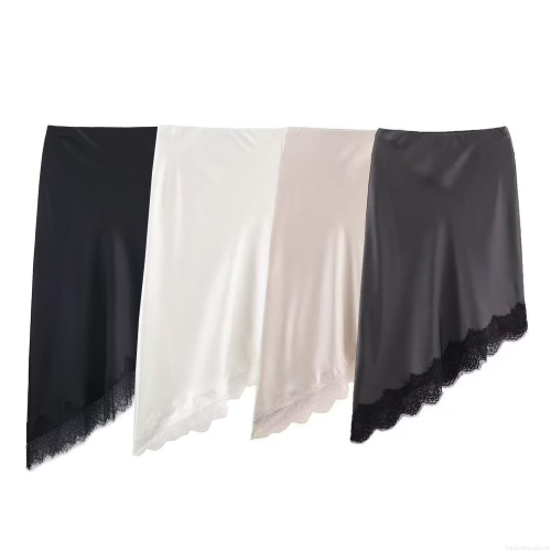 Women's Satin Midi Skirt With Lace Splicing Elegant Asymmetric Hem Silk-Like A-Line Skirt For Party Street Daily Wear
