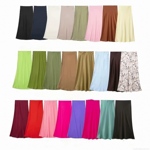 Women's Elegant Polyester Satin Midi Skirt Middle Waist Solid Color Silky Texture A-Line Casual Flowy Skirt for Date Party Streetwear Ladies Bottoms