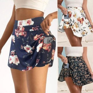 Women High Waist Floral Printed Skort With Hidden Phone Pocket A-Line Athletic Pleated Mini Skirts Built-in Shorts For Summer Outdoor Sports Casual Plus Size
