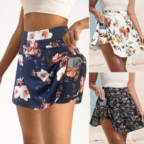 Women High Waist Floral Printed Skort With Hidden Phone Pocket A-Line Athletic Pleated Mini Skirts Built-in Shorts For Summer Outdoor Sports Casual Plus Size