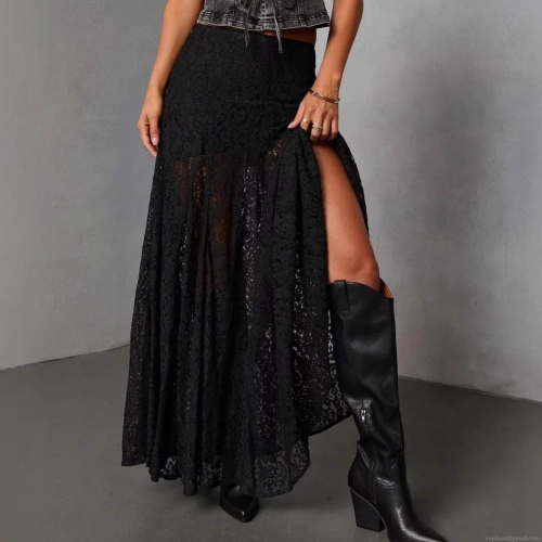 Women's Sexy Retro Black Polyester Lace Maxi Skirt High Slit See-through A-Line Long Skirt For Streetwear Party Summer