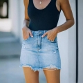 Women's High Waist Ripped Denim Mini Skirt Frayed Hem Distressed Light Blue Washed A-Line Jean Skirt For Summer Street Casual Fashion Ladies