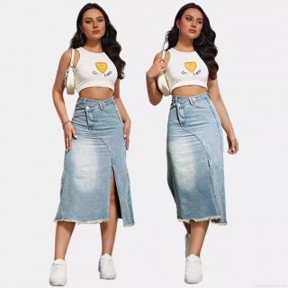 Women's High Waisted Denim Midi Skirt Deconstructed Asymmetric Waist Cotton Denim Skirt With Slit And Raw Hem Casual Streetwear Street Style For Women