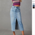 Women High Waist Split Denim Maxi Skirt Cotton Distressed Washed A-Line Long Jean Skirts Front High Slit Sexy Streetwear Casual Party Women Skirt