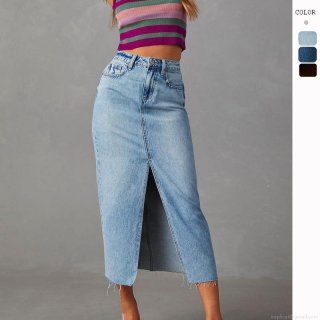 Women High Waist Split Denim Maxi Skirt Cotton Distressed Washed A-Line Long Jean Skirts Front High Slit Sexy Streetwear Casual Party Women Skirt
