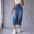 Women's High Waisted Denim Midi Skirt With Front Slit Frayed Hem Casual Washed Blue Cotton Blend Straight Long Skirts Streetwear Fashion
