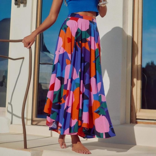 Women's Bohemian Floral Print A-Line Maxi Skirt High Waist Flowy Beach Resort Long Skirts Casual Summer Holiday Flared Midi Skirts