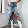 Women's High Waist Irregular Distressed Denim Maxi Skirt Frayed Hem Fringed Long Jean Skirts For Casual Streetwear Spring Summer
