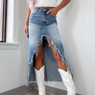 Women's High Waist Irregular Distressed Denim Maxi Skirt Frayed Hem Fringed Long Jean Skirts For Casual Streetwear Spring Summer