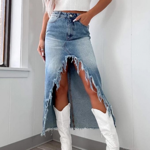 Women's High Waist Irregular Distressed Denim Maxi Skirt Frayed Hem Fringed Long Jean Skirts For Casual Streetwear Spring Summer