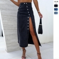 Women High Waist Denim Midi Skirt Button Down Slit Irregular Hem Cotton Blend Slim Fit Long Jean Skirt Streetwear Casual Chic Bottoms