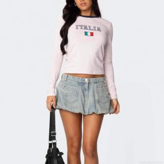 Women's Vintage American Style Denim Mini Skirt With Pockets Light Blue Bubble Hem Lantern Skirt Sexy Streetwear Skater Skirt For Women