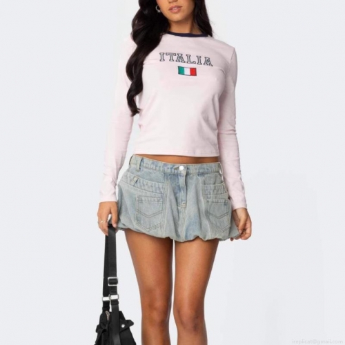 Women's Vintage American Style Denim Mini Skirt With Pockets Light Blue Bubble Hem Lantern Skirt Sexy Streetwear Skater Skirt For Women