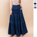Women's Denim Tiered Maxi Skirt High Waisted Distressed Washed Cotton Bohemian Streetwear Cake Skirt Long Denim Bottoms For Women Summer Casual
