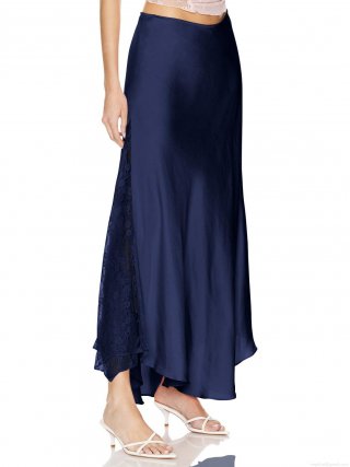 Women's Elegant High Waist Satin Midi Skirt With Lace Stitching Sexy Silky Straight Skirt For Party Evening Clubwear Solid Black Skirt