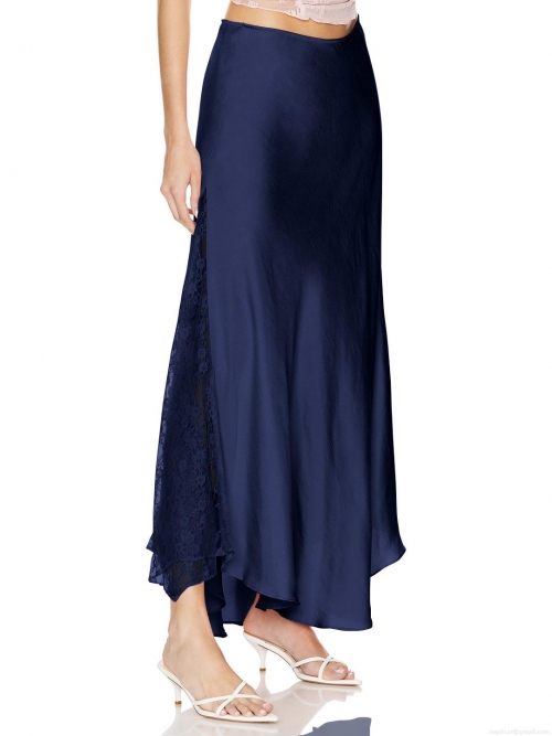 Women's Elegant High Waist Satin Midi Skirt With Lace Stitching Sexy Silky Straight Skirt For Party Evening Clubwear Solid Black Skirt