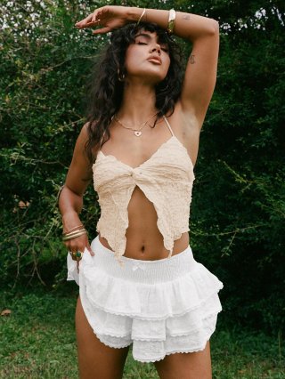 Women's Sexy Lace Ruffled Tiered Mini Skirt Summer Sweet Spicy Style Hollow Out Embroidery Skort With Bow Decoration High Waist Elastic Beach Vacation Skirts For Women