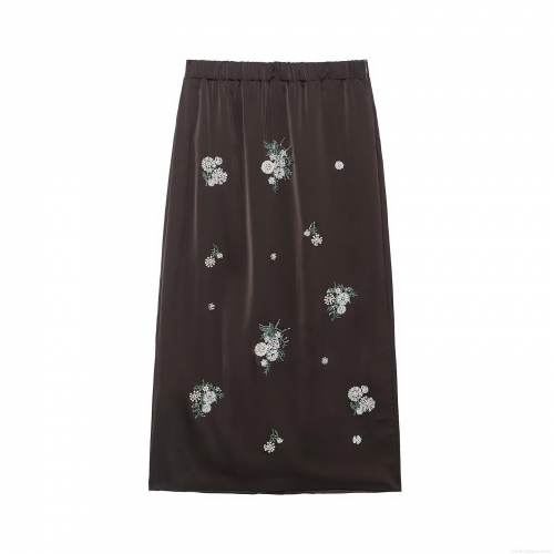 Women's Elegant Coffee Brown Satin Midi Skirt With Flower Embroidery Sequin Beads Detail Elastic High Waist A-line Skirt For Daily Commute Party Dressing