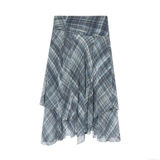 Women's Casual Plaid Midi Skirt Pearl Chiffon Asymmetric Layered Ruffle Hem Skirt Elegant High Waist A-Line Checked Skirt For Women Daily Wear