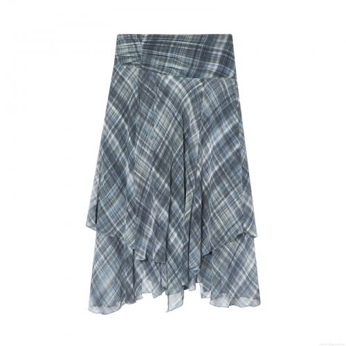 Women's Casual Plaid Midi Skirt Pearl Chiffon Asymmetric Layered Ruffle Hem Skirt Elegant High Waist A-Line Checked Skirt For Women Daily Wear