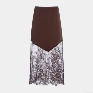 Women's Elegant High Waist Asymmetric Satin And Lace Patchwork Midi Skirt Sexy Floral Lace Trim Straight Long Skirt For Party Dating Women