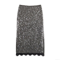 Women's Sparkling Silver Sequin Skirt With Black Lace Hem Patchwork Sexy Bodycon Straight Maxi Skirt For Party Nightclub Evening Clubwear Elegant Lady Style Bottoms