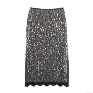Women's Sparkling Silver Sequin Skirt With Black Lace Hem Patchwork Sexy Bodycon Straight Maxi Skirt For Party Nightclub Evening Clubwear Elegant Lady Style Bottoms