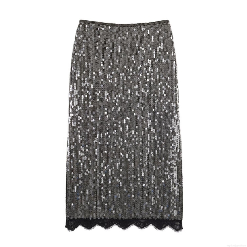 Women's Sparkling Silver Sequin Skirt With Black Lace Hem Patchwork Sexy Bodycon Straight Maxi Skirt For Party Nightclub Evening Clubwear Elegant Lady Style Bottoms