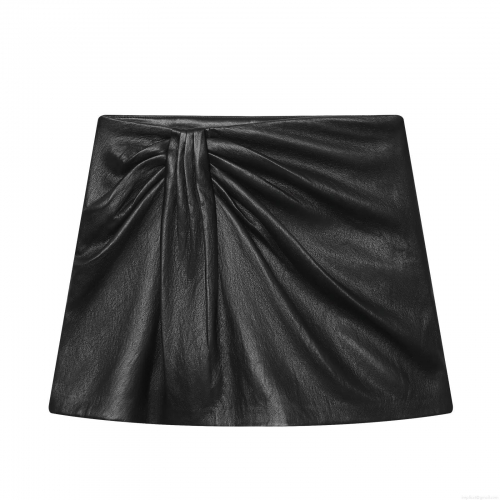 Women Sexy PU Leather Skort Ruched Asymmetric Mini Skirt Solid Black Chic High Waist Short Skirt For Winter Party Clubwear Nightout
