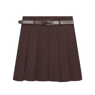 Women's Preppy Style Pleated Mini Skirt With Leather Belt Fashion Solid Color High Waist Coffee Brown Short Skirts For Winter Daily Wear Ladies Polyester Bottoms