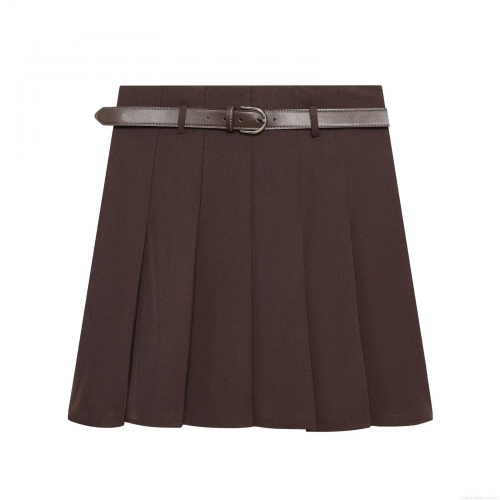 Women's Preppy Style Pleated Mini Skirt With Leather Belt Fashion Solid Color High Waist Coffee Brown Short Skirts For Winter Daily Wear Ladies Polyester Bottoms