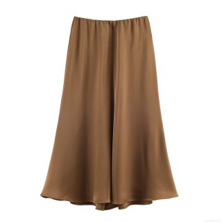 Women's Elegant Silk Satin Midi Skirt High Waist Elastic A-Line Flowy Solid Color Skirt for Casual Commuter Winter Autumn Spring Office Ladies Wear