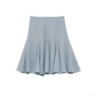 Women's Gingham A-Line Midi Skirt Sweet Blue Plaid High Waist Elastic Swing Skirt Patchwork Seersucker Skirt for Teenagers Ladies