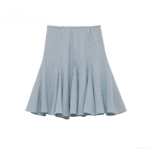 Women's Gingham A-Line Midi Skirt Sweet Blue Plaid High Waist Elastic Swing Skirt Patchwork Seersucker Skirt for Teenagers Ladies