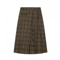 Women's British Vintage Plaid Midi Skirt High Waist A-Line Pleated Skirt With Buttons Casual Brown Tartan Skirt For Daily Wearing