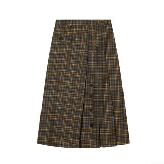 Women's British Vintage Plaid Midi Skirt High Waist A-Line Pleated Skirt With Buttons Casual Brown Tartan Skirt For Daily Wearing