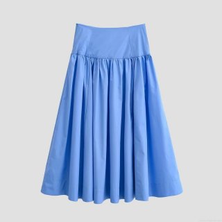Women's High Waist Pleated Midi Skirt 100% Polyester A-Line Swing Long Skirt Solid Sky Blue Casual Elegant Bottoms for Ladies Girls Daily Wear