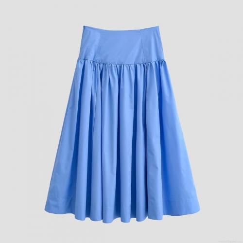 Women's High Waist Pleated Midi Skirt 100% Polyester A-Line Swing Long Skirt Solid Sky Blue Casual Elegant Bottoms for Ladies Girls Daily Wear